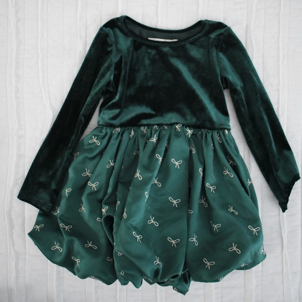 Toddler Girls Emerald Green Velvet & Bow Dress